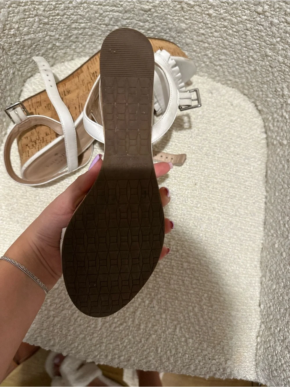 kate spade White Cork Ruffle Wedge Sandals